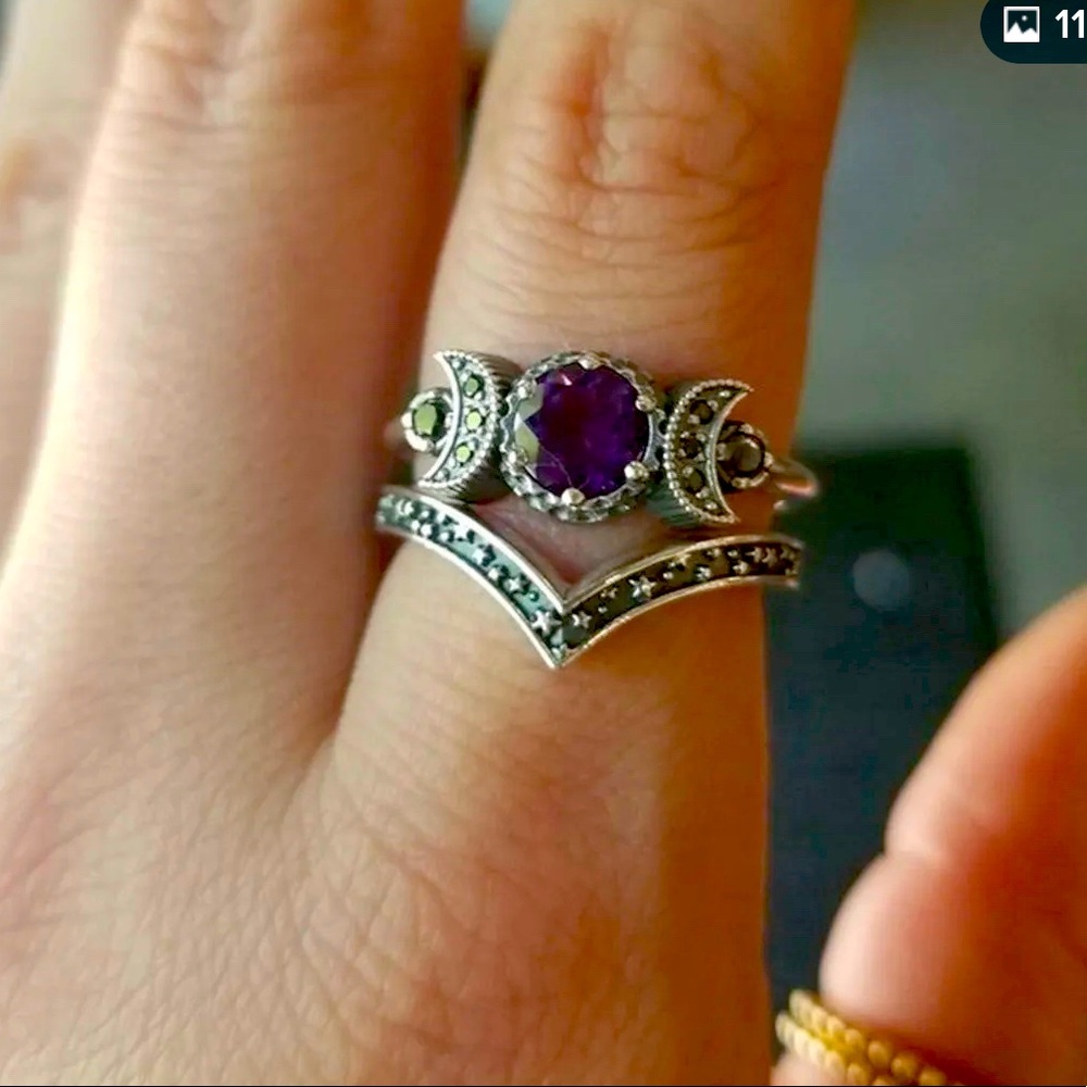 Amethyst triple moon goddess/witch ring set